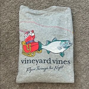 Vineyard Vines Gray Santa on a sleigh fishing long sleeve mens Tee size small